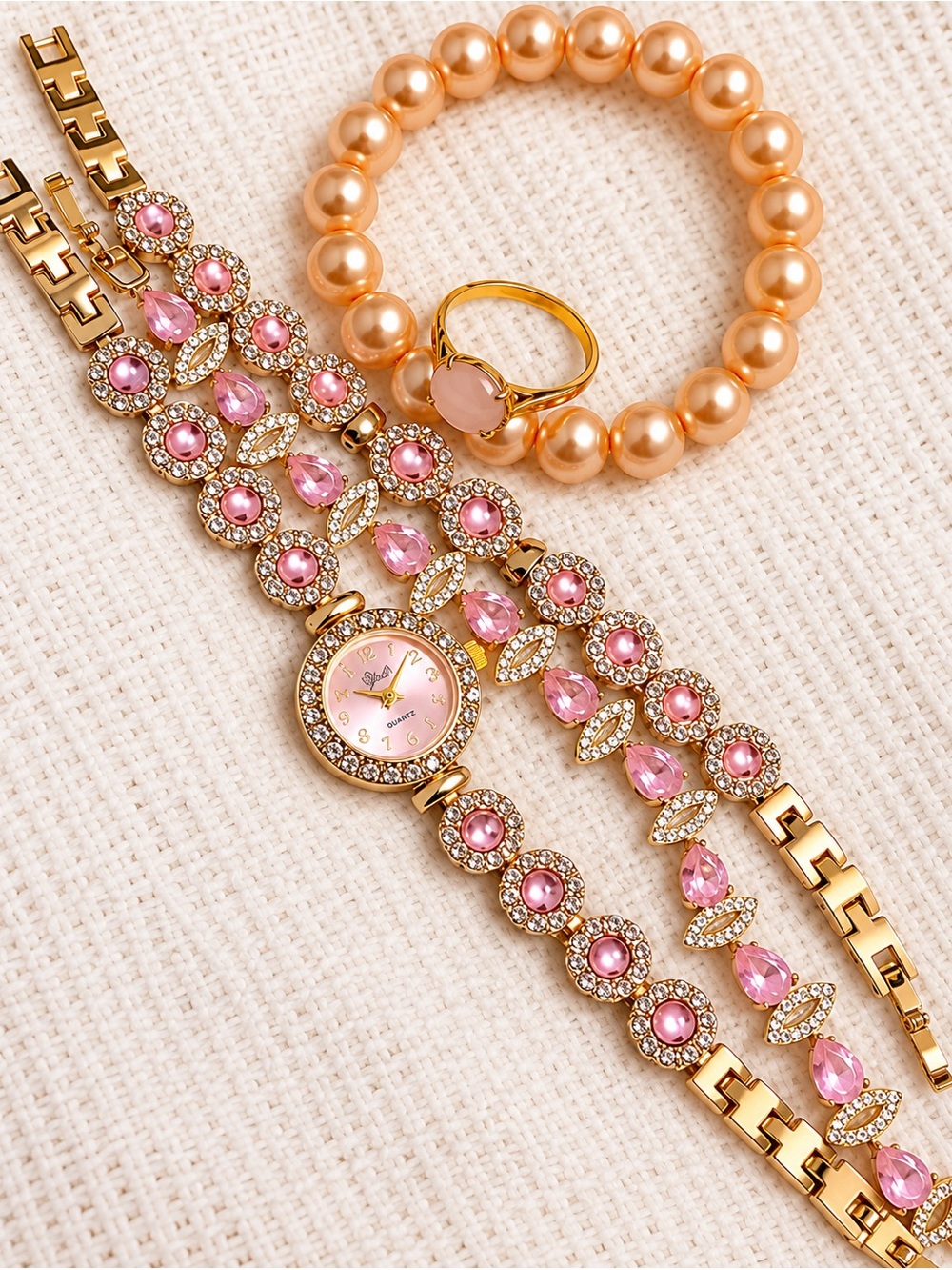 Elegant Gold-Plated Pink Crystal Bracelet Watch